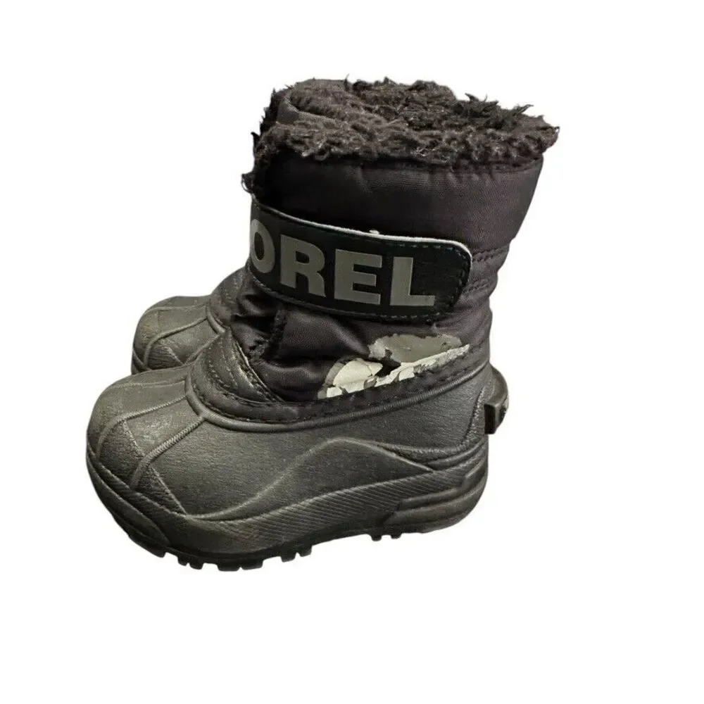Sorel Snow Commander Hook &‎ Loop Strap Boots Toddler 6 Black Faux Fur-Lined